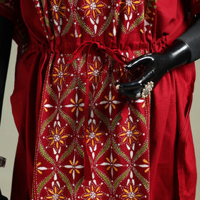 Red - Bengal Kantha Hand Embroidery Cotton Long Kaftan 15