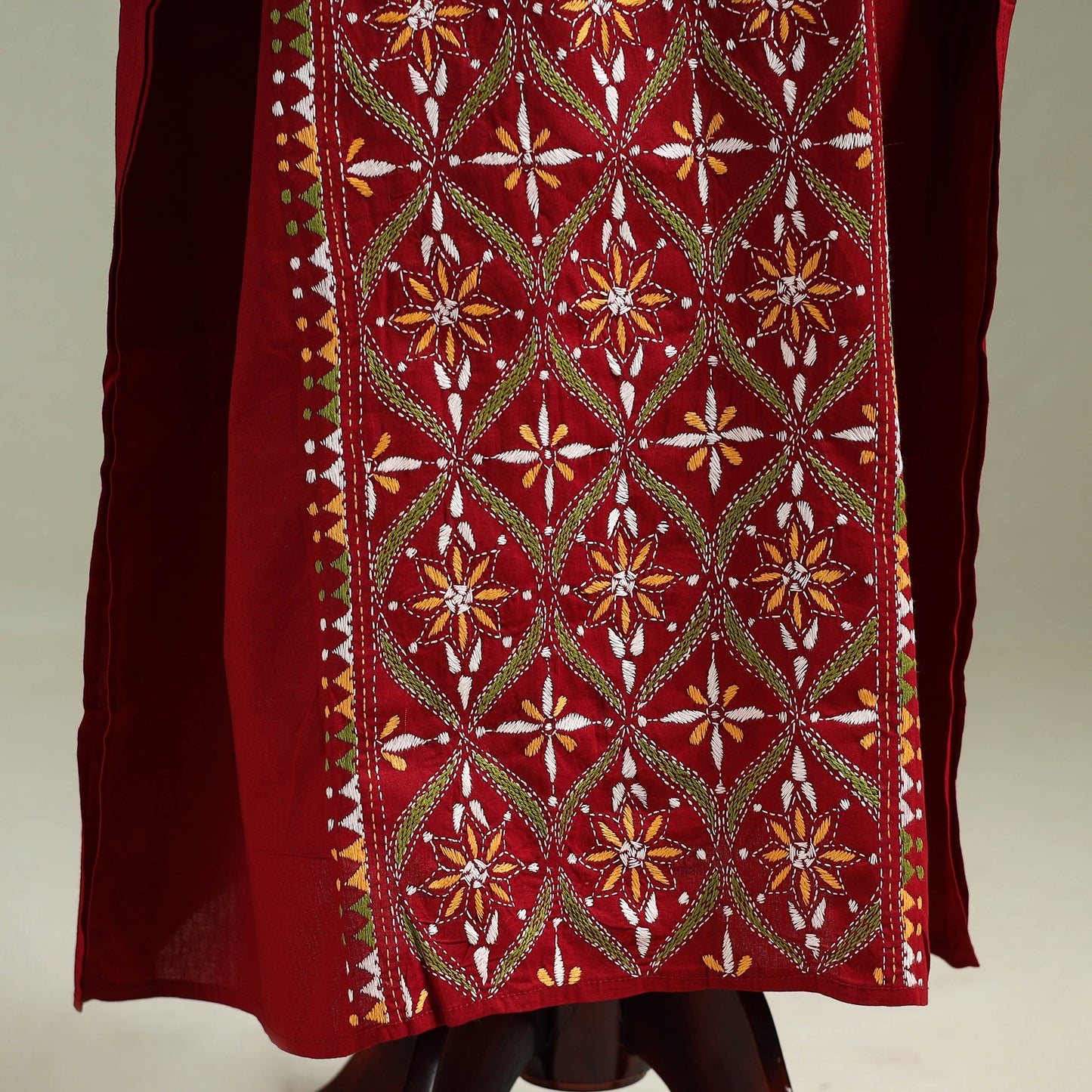 Red - Bengal Kantha Hand Embroidery Cotton Long Kaftan 15