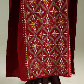 Red - Bengal Kantha Hand Embroidery Cotton Long Kaftan 15