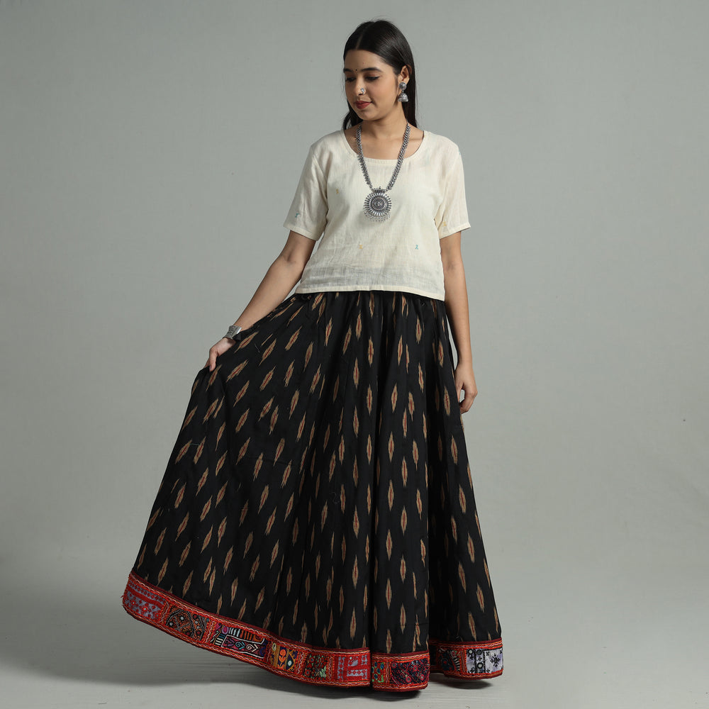 Black - Pochampally Ikat 24 Kali Cotton Skirt with Rajasthani Embroidery Border 35