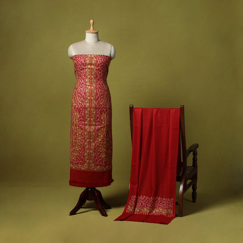 Red - 3pc Heavy Chain Stitch Embroidered Merino Wool Unstitched Dress Material 30