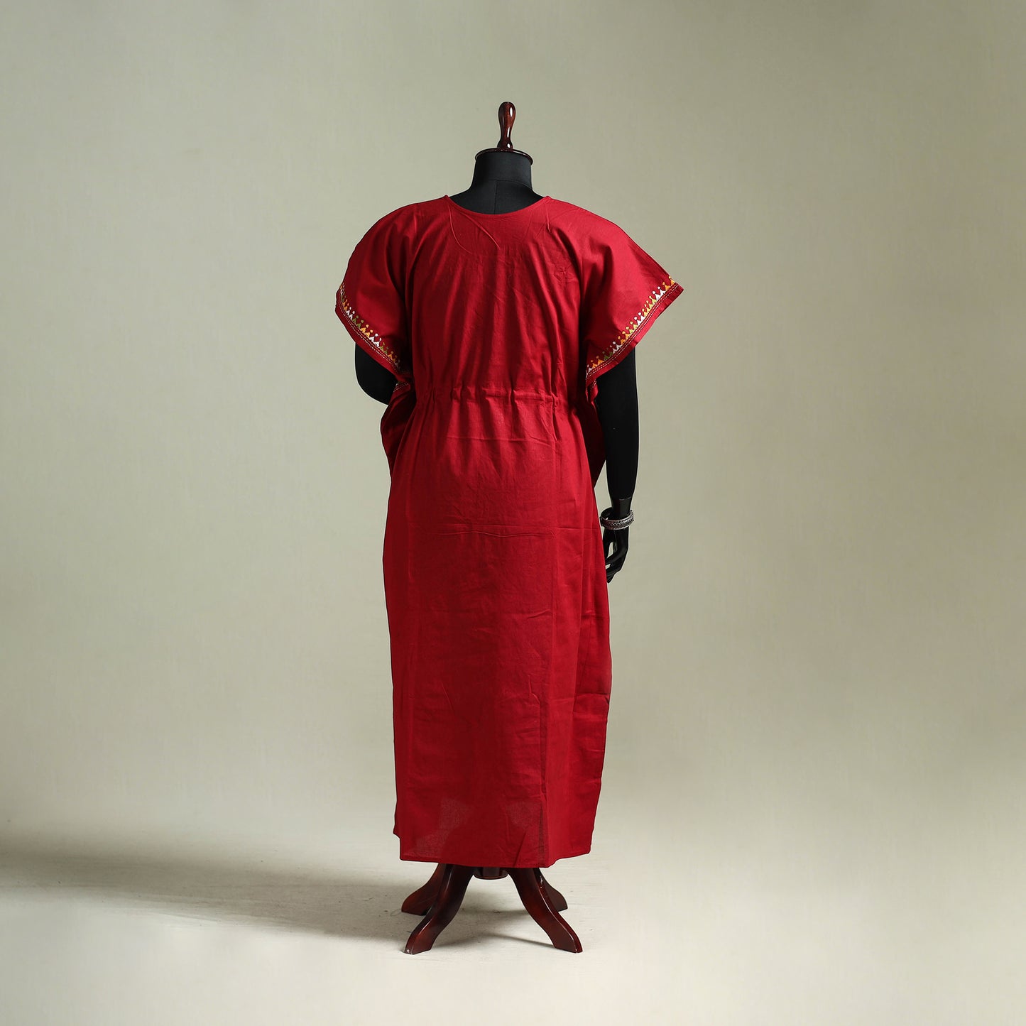 Red - Bengal Kantha Hand Embroidery Cotton Long Kaftan 15