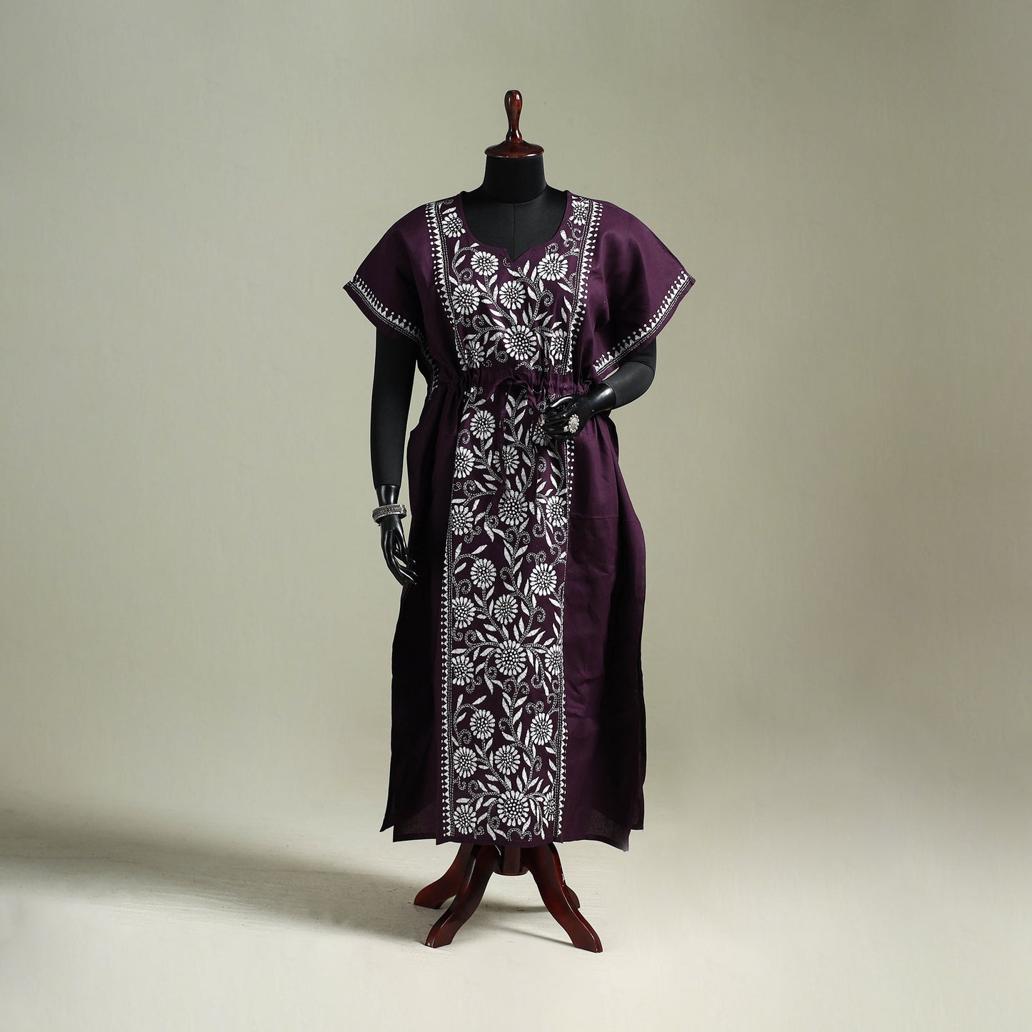 Purple - Bengal Kantha Hand Embroidery Cotton Long Kaftan 31