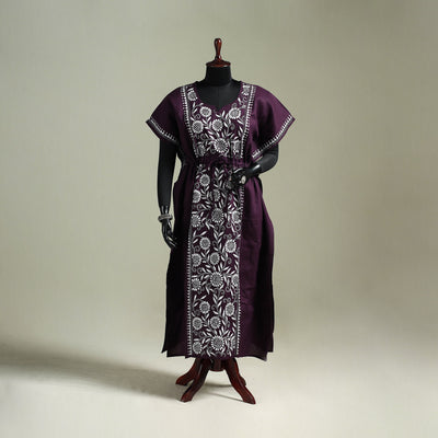 Purple - Bengal Kantha Hand Embroidery Cotton Long Kaftan 31
