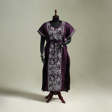 Purple - Bengal Kantha Hand Embroidery Cotton Long Kaftan 31
