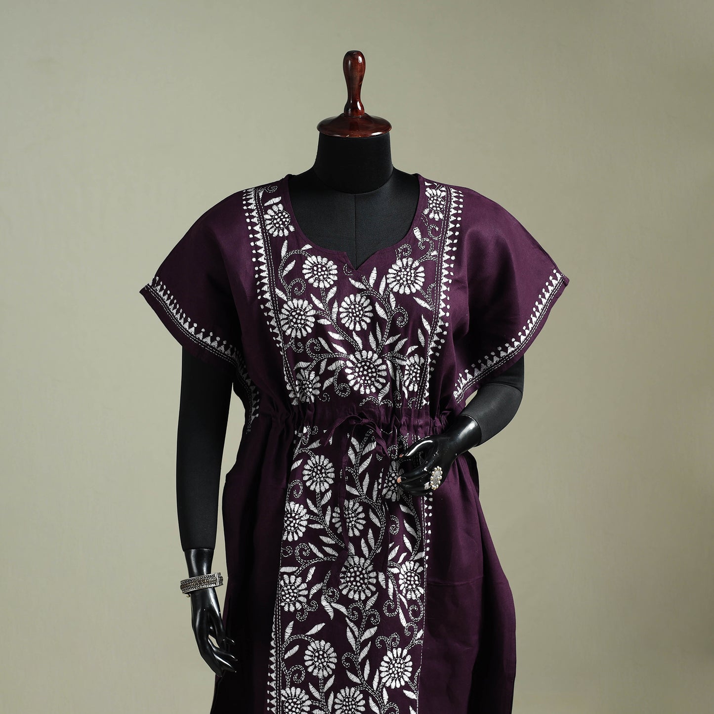 Purple - Bengal Kantha Hand Embroidery Cotton Long Kaftan 31
