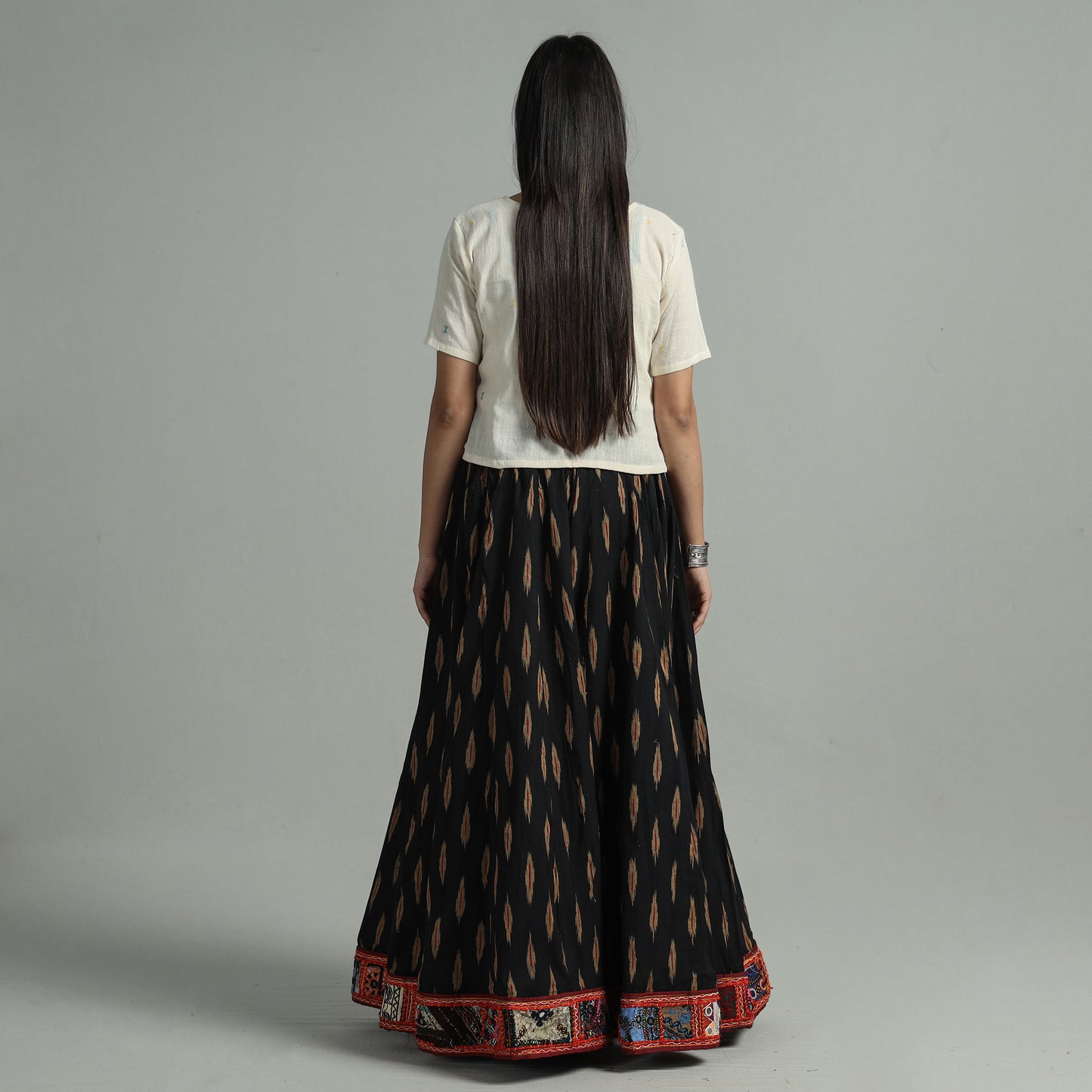 Black - Pochampally Ikat 24 Kali Cotton Skirt with Rajasthani Embroidery Border 35