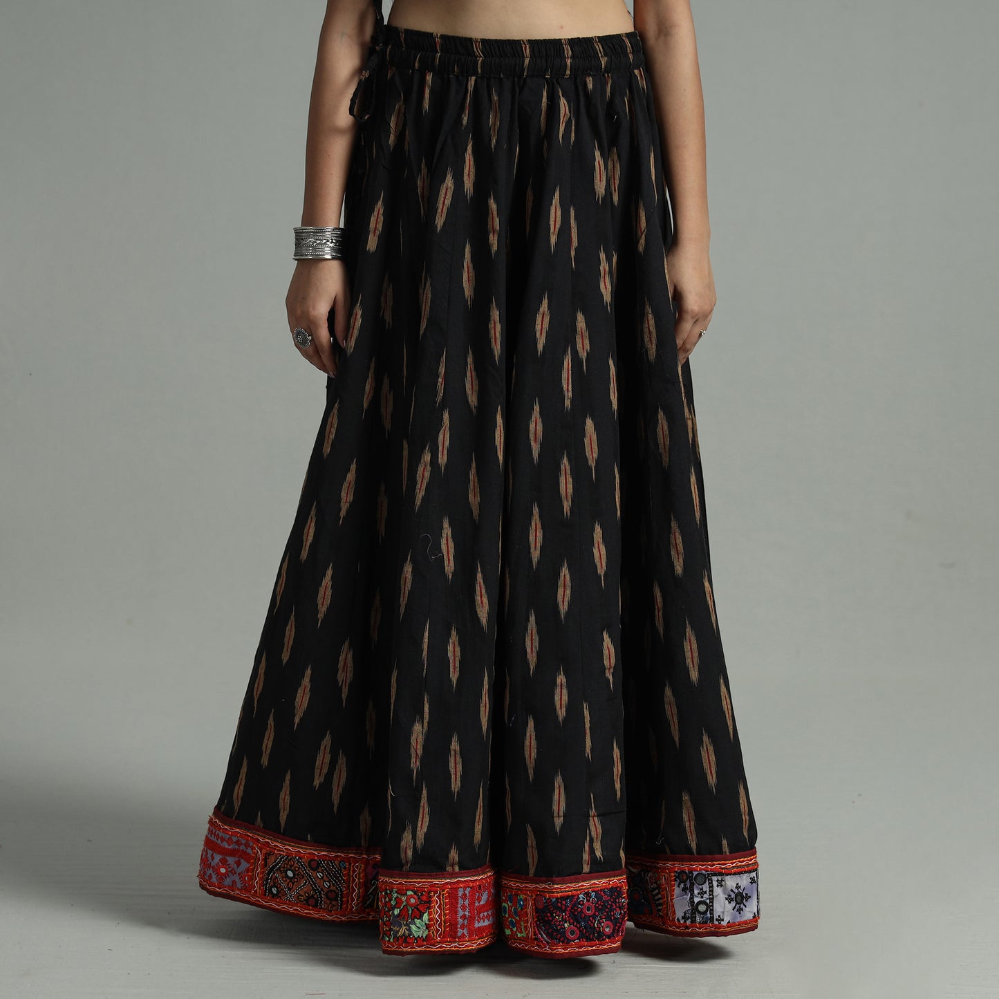 Black - Pochampally Ikat 24 Kali Cotton Skirt with Rajasthani Embroidery Border 35