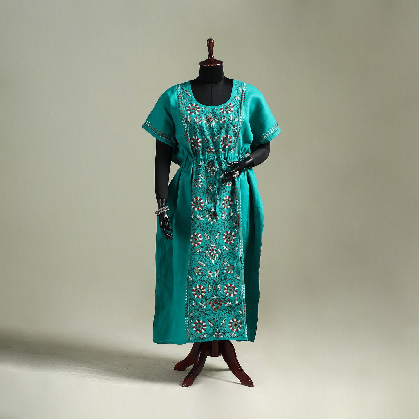 Green - Bengal Kantha Hand Embroidery Cotton Long Kaftan 32