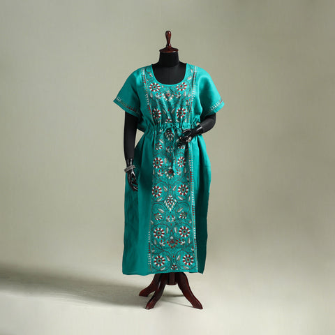 Green - Bengal Kantha Hand Embroidery Cotton Long Kaftan 32