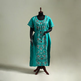 Green - Bengal Kantha Hand Embroidery Cotton Long Kaftan 32