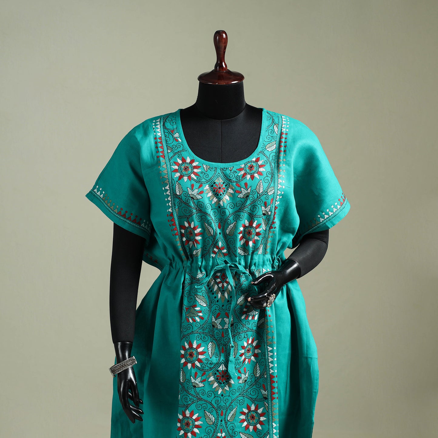 Green - Bengal Kantha Hand Embroidery Cotton Long Kaftan 32