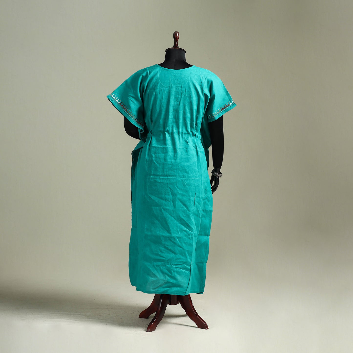 Green - Bengal Kantha Hand Embroidery Cotton Long Kaftan 32