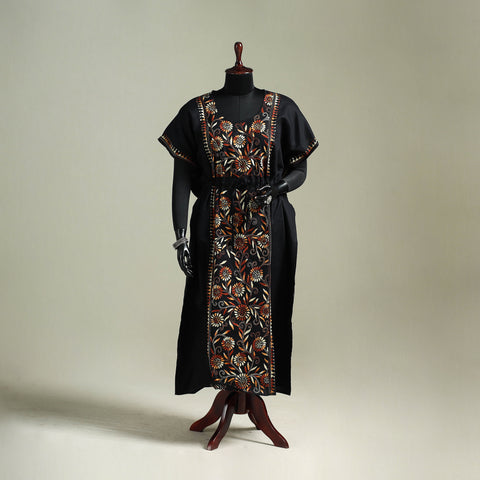 Black - Bengal Kantha Hand Embroidery Cotton Long Kaftan 33