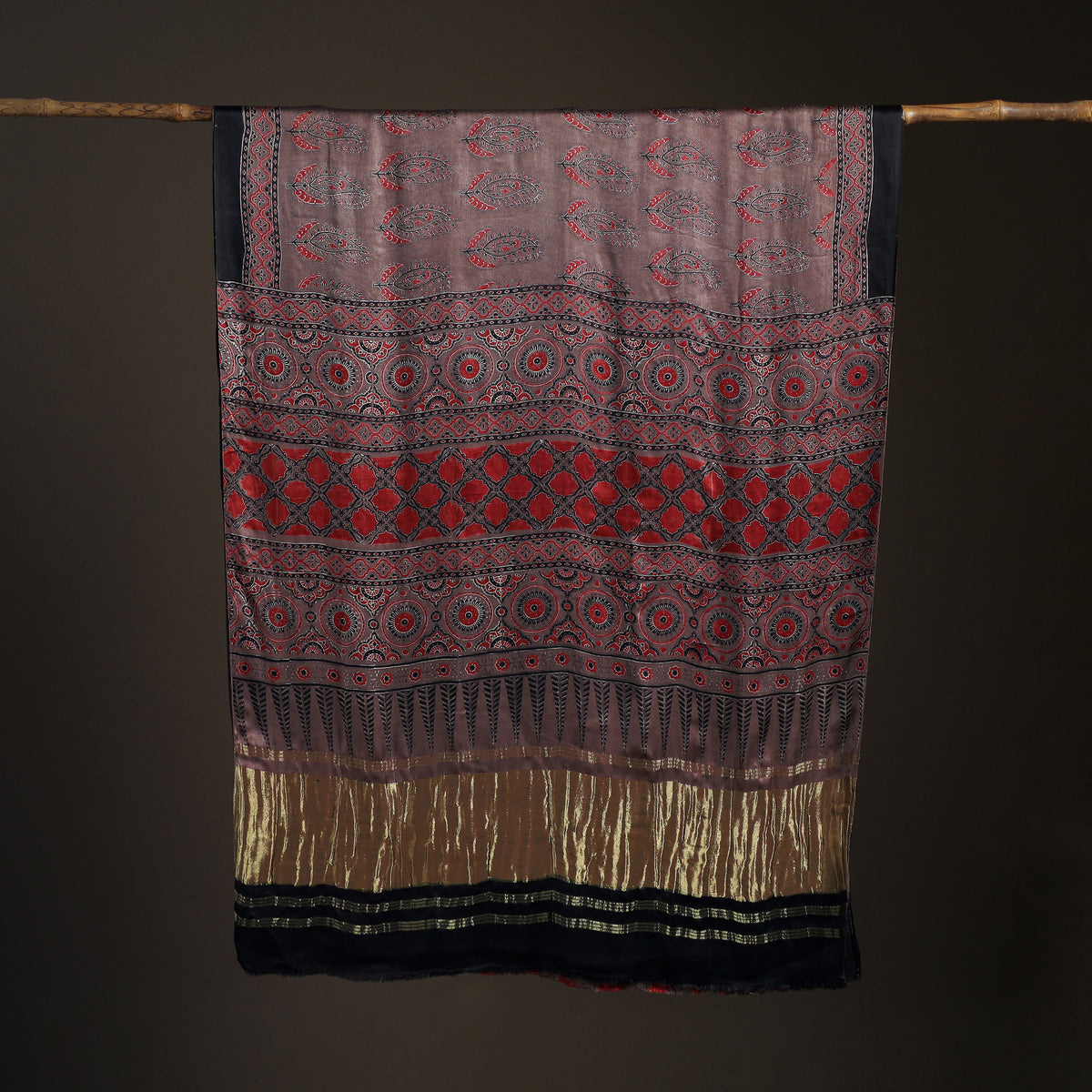 Modal Silk Ajrakh Hand Block Print Natural Dyed Lagdi Patta Border Saree 18