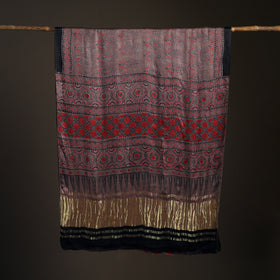 Modal Silk Ajrakh Hand Block Print Natural Dyed Lagdi Patta Border Saree 18
