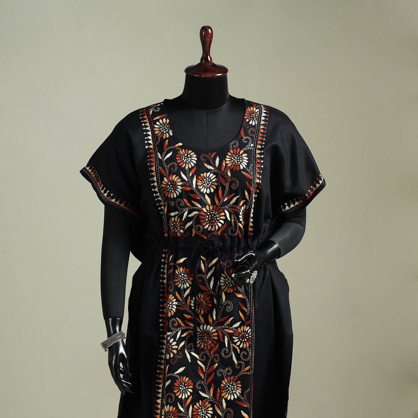 Black - Bengal Kantha Hand Embroidery Cotton Long Kaftan 33