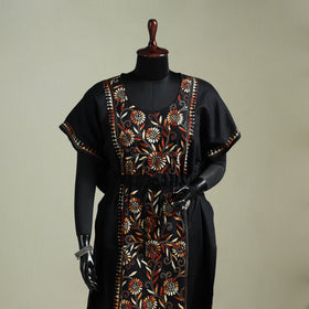 Black - Bengal Kantha Hand Embroidery Cotton Long Kaftan 33