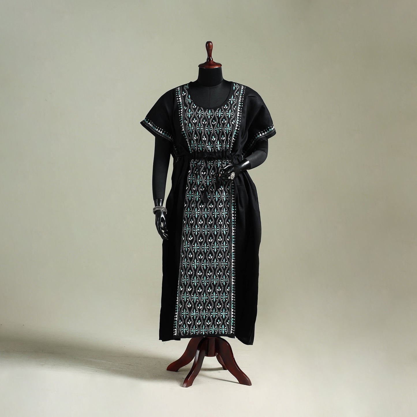 Black - Bengal Kantha Hand Embroidery Cotton Long Kaftan 34