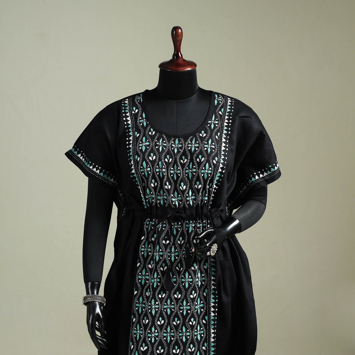 Black - Bengal Kantha Hand Embroidery Cotton Long Kaftan 34