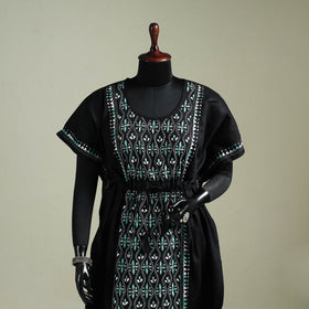 Black - Bengal Kantha Hand Embroidery Cotton Long Kaftan 34