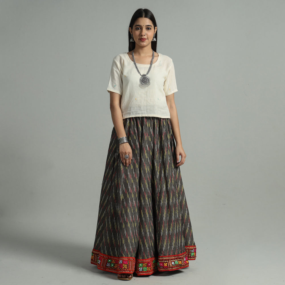 Brown - Pochampally Ikat 24 Kali Cotton Skirt with Rajasthani Embroidery Border 38