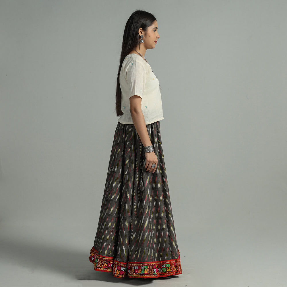 Brown - Pochampally Ikat 24 Kali Cotton Skirt with Rajasthani Embroidery Border 38