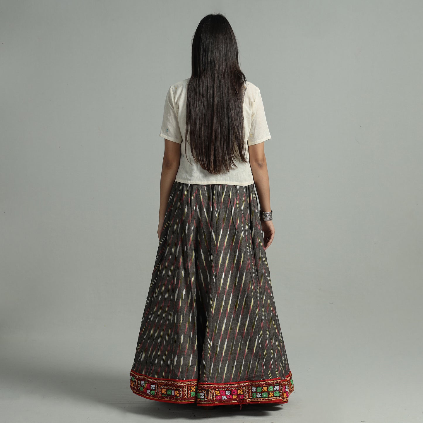 Brown - Pochampally Ikat 24 Kali Cotton Skirt with Rajasthani Embroidery Border 38