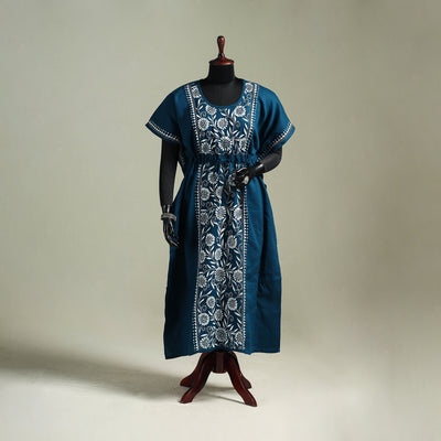 Blue - Bengal Kantha Hand Embroidery Cotton Long Kaftan 36