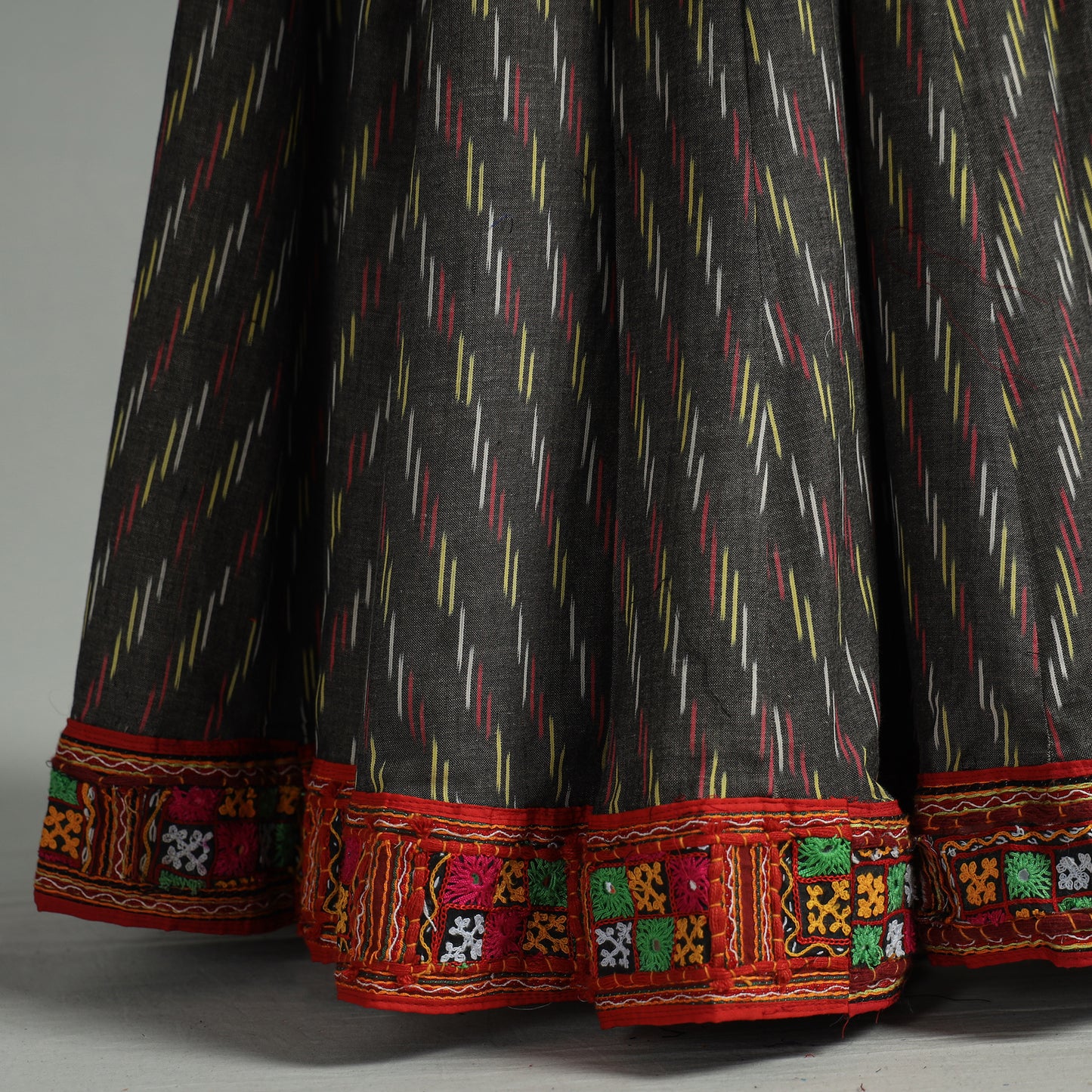 Brown - Pochampally Ikat 24 Kali Cotton Skirt with Rajasthani Embroidery Border 38