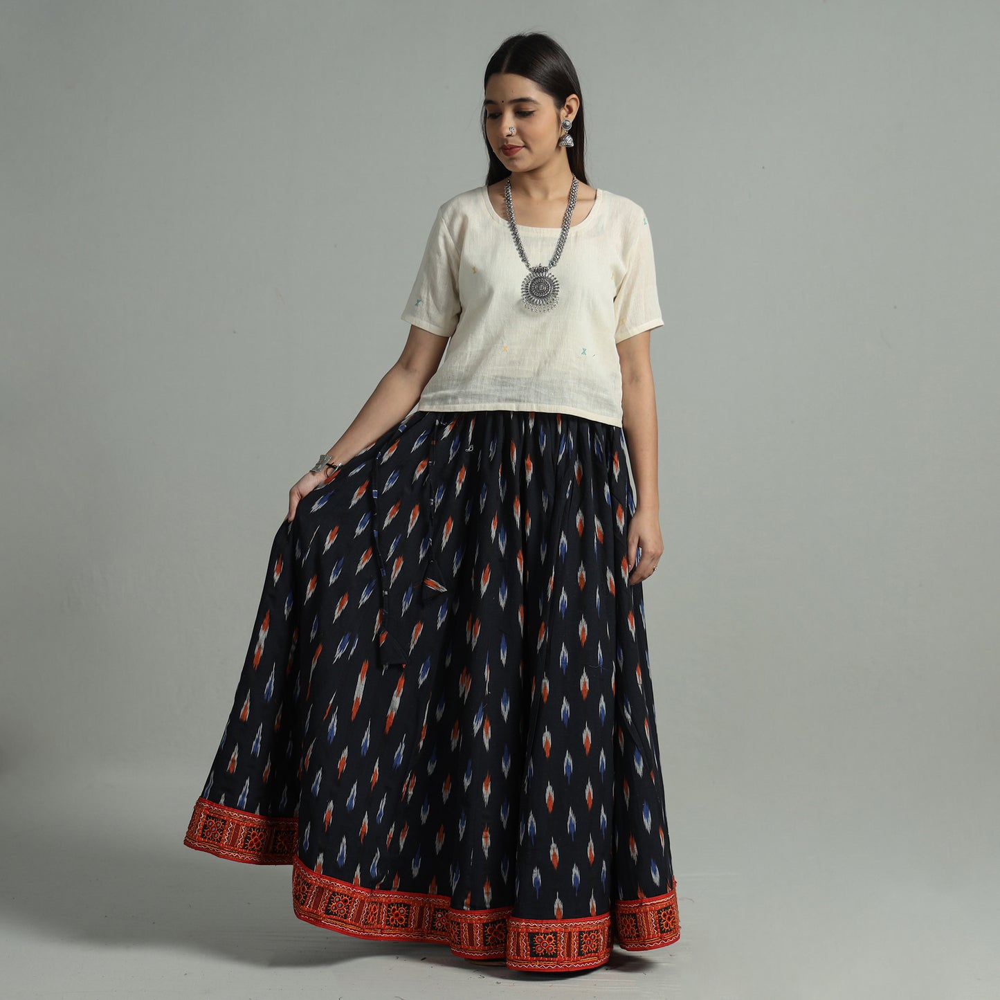 Black - Pochampally Ikat 24 Kali Cotton Skirt with Rajasthani Embroidery Border 39