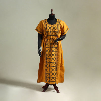 Yellow - Bengal Kantha Hand Embroidery Cotton Long Kaftan 37