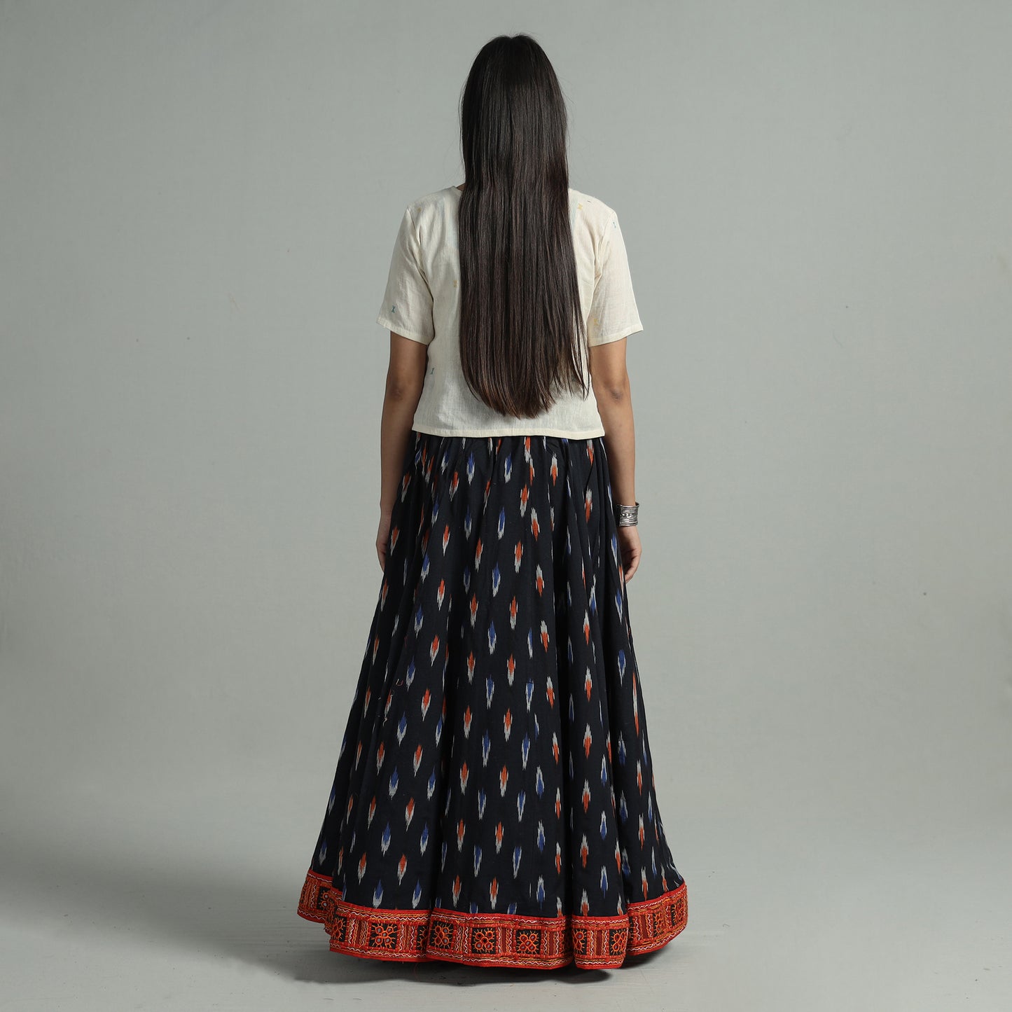 Black - Pochampally Ikat 24 Kali Cotton Skirt with Rajasthani Embroidery Border 39