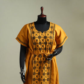 Yellow - Bengal Kantha Hand Embroidery Cotton Long Kaftan 37