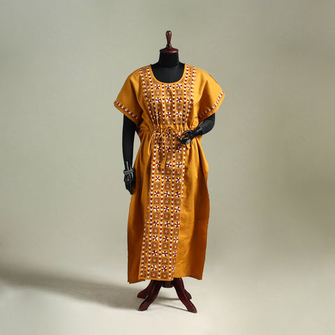 Yellow - Bengal Kantha Hand Embroidery Cotton Long Kaftan 38