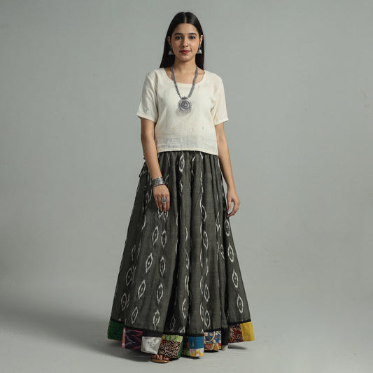 Grey - Pochampally Ikat 24 Kali Cotton Skirt with Rajasthani Embroidery Border 41