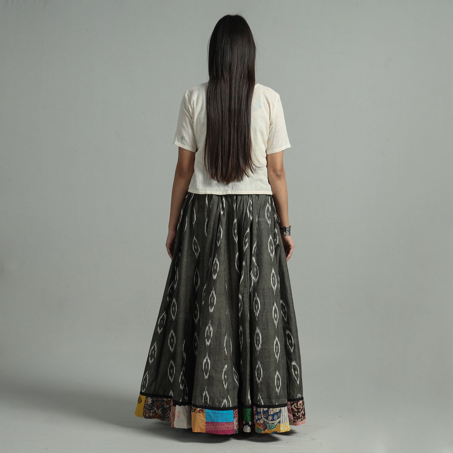 Grey - Pochampally Ikat 24 Kali Cotton Skirt with Rajasthani Embroidery Border 41