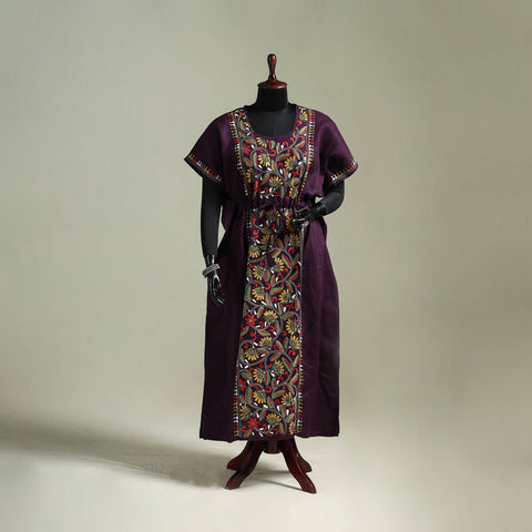Purple - Bengal Kantha Hand Embroidery Cotton Long Kaftan 40