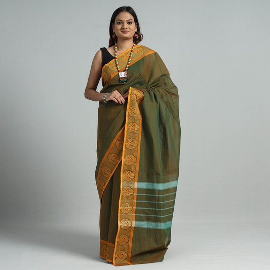 Green - Traditional Chettinad Kandangi Cotton Saree with Thread Border