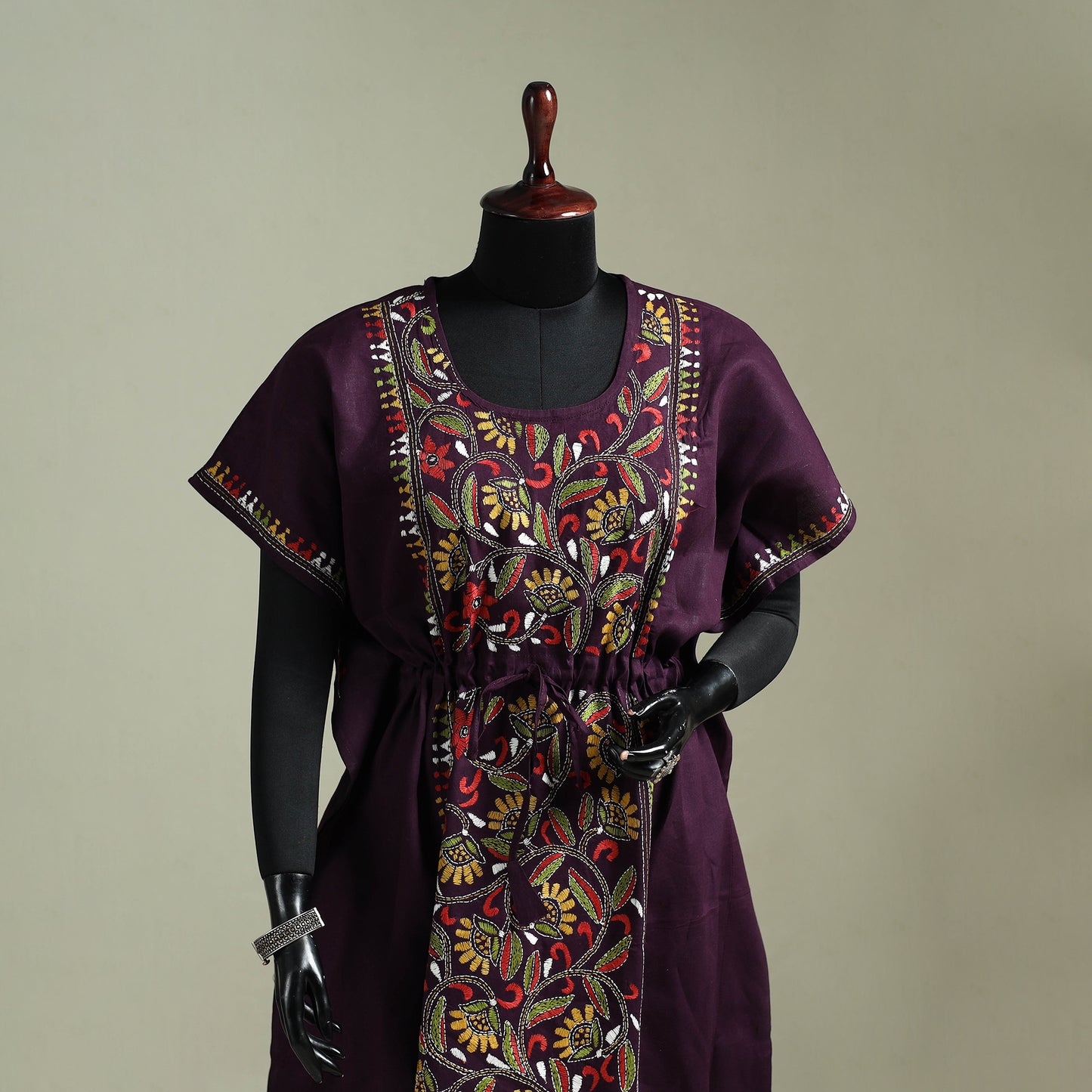 Purple - Bengal Kantha Hand Embroidery Cotton Long Kaftan 40
