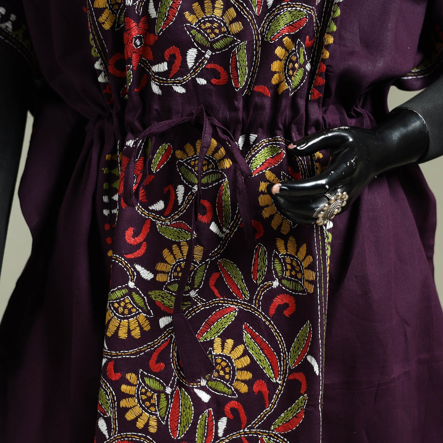 Purple - Bengal Kantha Hand Embroidery Cotton Long Kaftan 40