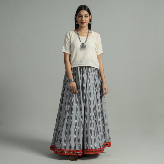 Grey - Pochampally Ikat 24 Kali Cotton Skirt with Rajasthani Embroidery Border 42