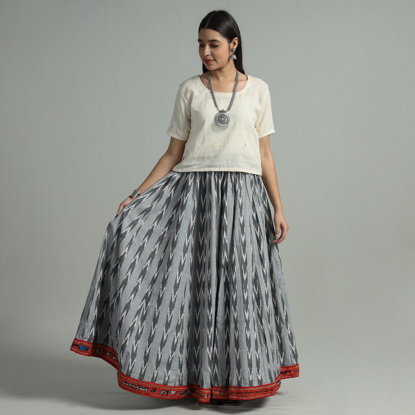 Grey - Pochampally Ikat 24 Kali Cotton Skirt with Rajasthani Embroidery Border 42