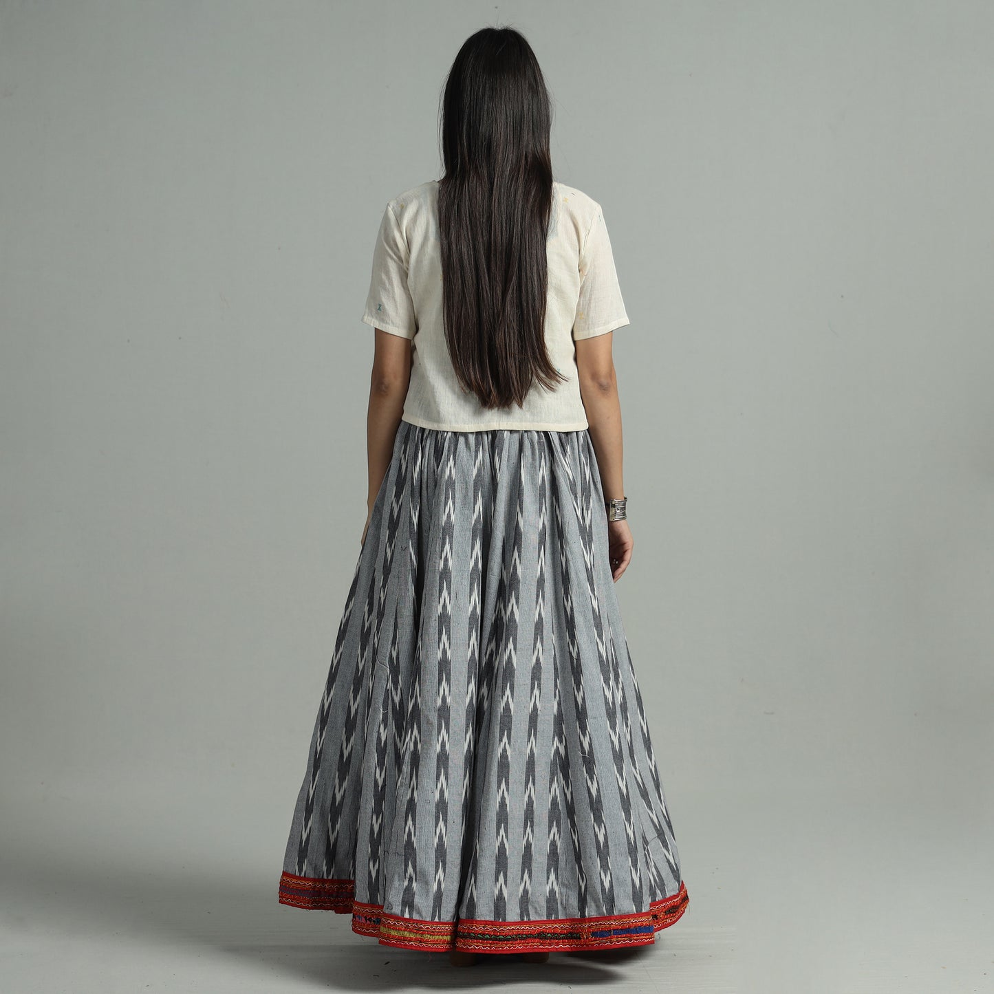 Grey - Pochampally Ikat 24 Kali Cotton Skirt with Rajasthani Embroidery Border 42