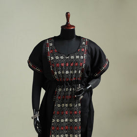 Black - Bengal Kantha Hand Embroidery Cotton Long Kaftan 41