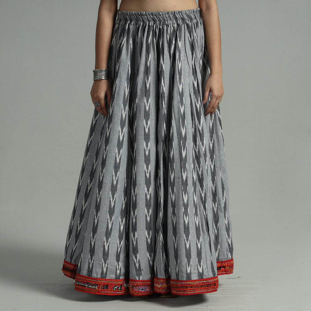 Grey - Pochampally Ikat 24 Kali Cotton Skirt with Rajasthani Embroidery Border 42