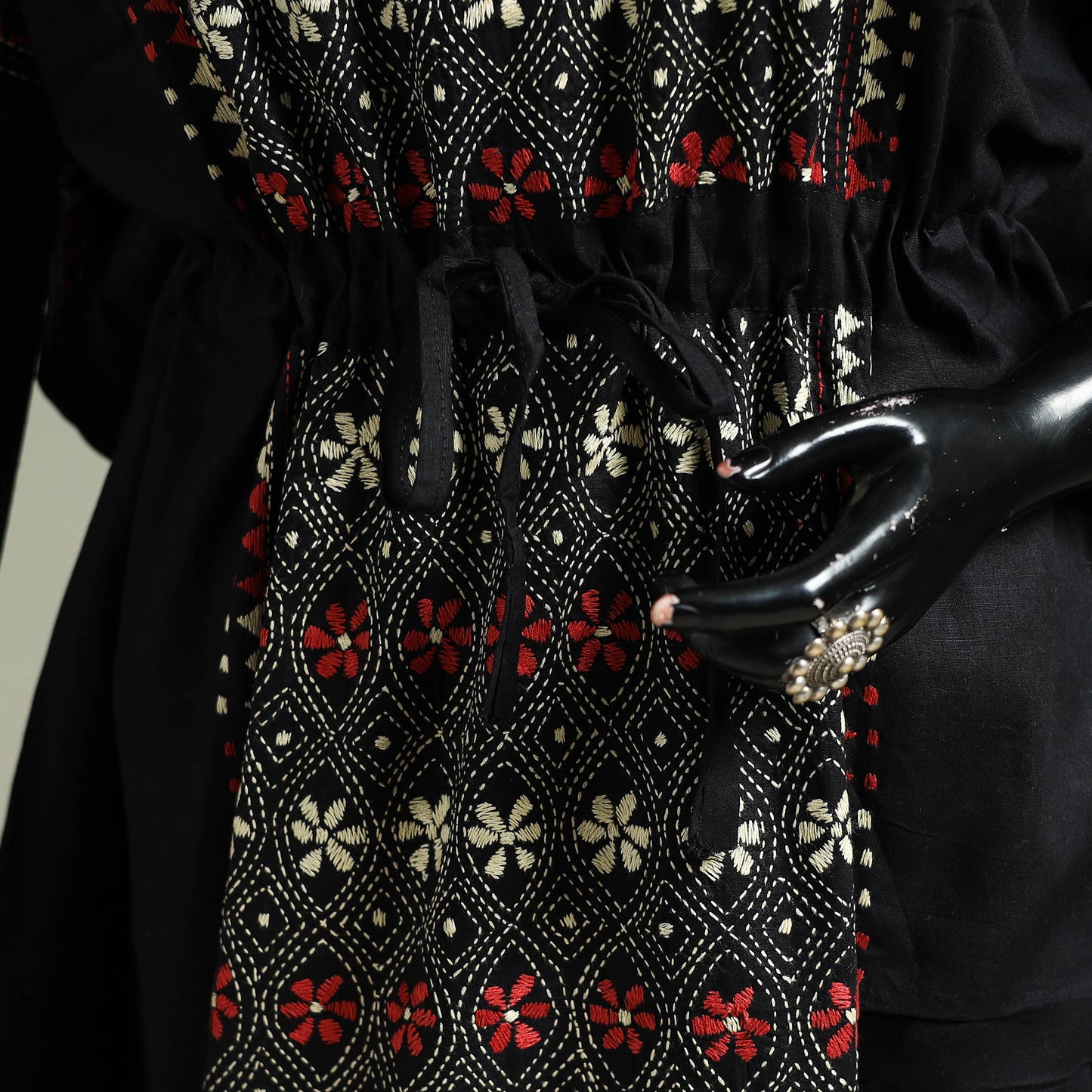 Black - Bengal Kantha Hand Embroidery Cotton Long Kaftan 41