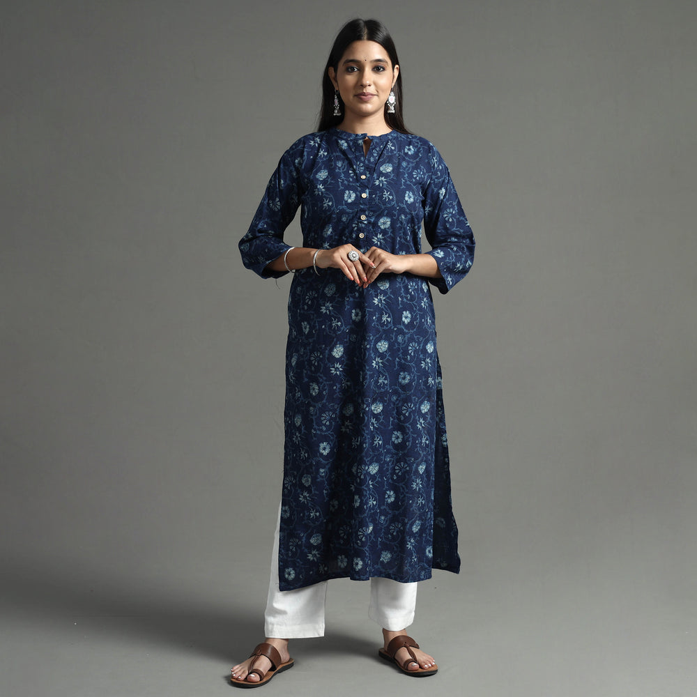 Blue - Akola Block Printed Cotton Long Straight Kurta