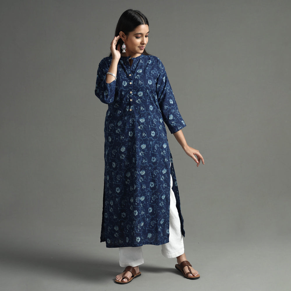 Blue - Akola Block Printed Cotton Long Straight Kurta