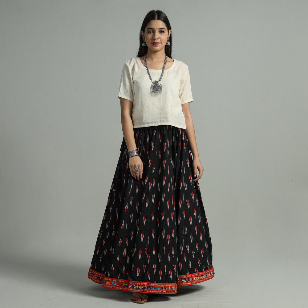 Black - Pochampally Ikat 24 Kali Cotton Skirt with Rajasthani Embroidery Border 43